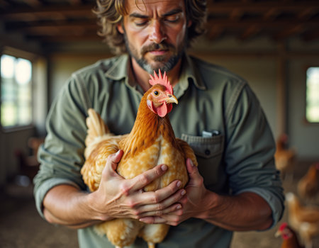 man holding a hen in a chicken hoop. High quality photoの素材