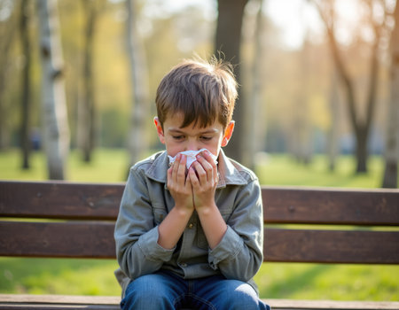 little caucasian boy wiping her nose with a tissue blossoming birch on background. seasonal allergies, pollinosis concept.の素材