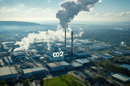 the sky over green forest polluted by co2 cloud. pipe emissions fog. carbon capture technologyの素材