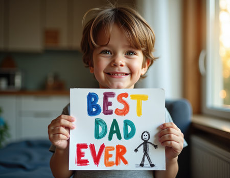 cute little boy holding up a colorful crayon drawing with text BEST DAD EVER and figure of fatherの素材