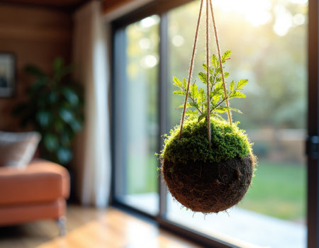 A ball shaped Kokedama, a moss-covered sphere supporting a delicate fern, hanging in front of a large window, illuminated by soft morning sunlight.の素材