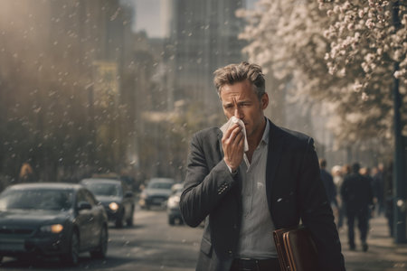 caucasian man wiping his nose with a tissue. seasonal allergies, pollinosis concept.の素材