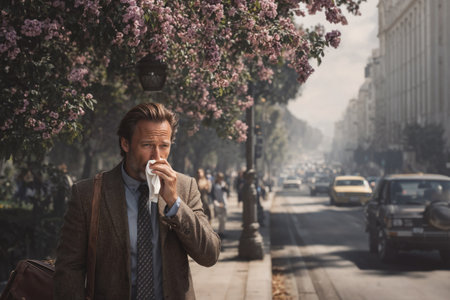 caucasian man wiping his nose with a tissue. seasonal allergies, pollinosis concept.の素材