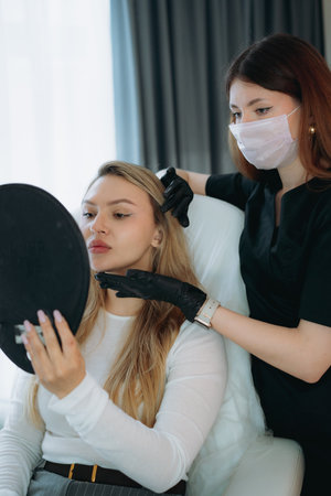 woman aesthetic doctor at personalized anti-aging consultation with a young female client holding a mirrorの写真素材