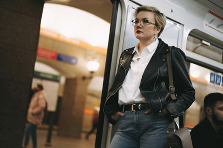 short haired tired woman standing by door in metro carriageの写真素材