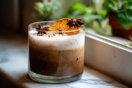 Vegan pumpkin latte with oat milk and a hint of cardamom and orange slice on window sillの素材