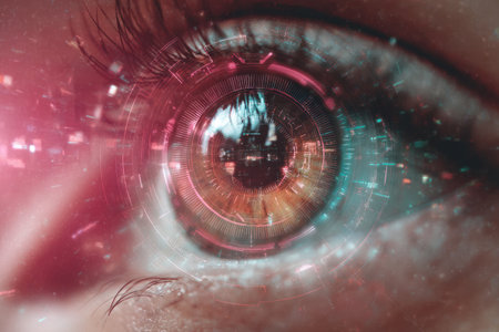 biometric iris scanner projecting holographic interface, scanning a glowing man eye. Worldcoin projectの素材