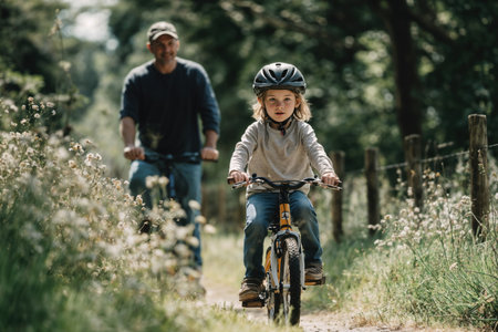 child in helmet riding a bicycle without assistance in summer park. Father cycling behind. Run a bike dayの素材