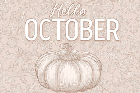 Hello October pastel coloured poster. Pumpkin and oak leaves templateの素材