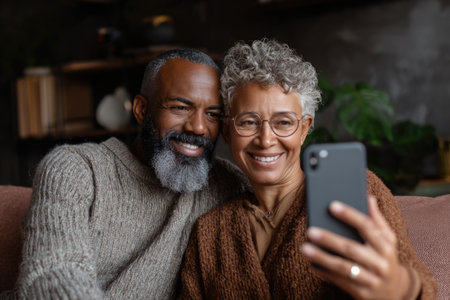middle aged african couple sitting on a couch, expressive faces, looking at phone screen taking selfie or making video callの素材