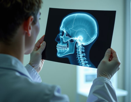 A focused male doctor in a modern clinic carefully examines a human skull X-ray filmの素材