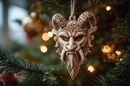 wooden Krampus ornament hanging from a branch of a noble fir Christmas tree.の素材