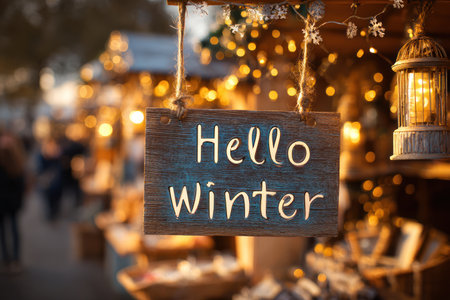 Festive market card with plate Hello Winter above Christmas market stall.の素材