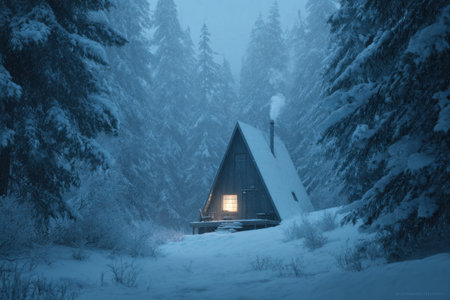 A solitary, cozy A-frame cabin in a deep snowy forest at twilightの素材