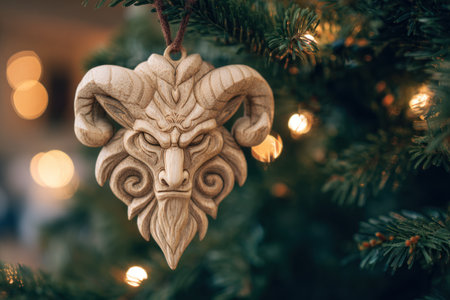 wooden Krampus ornament hanging from a branch of a noble fir Christmas tree.の素材