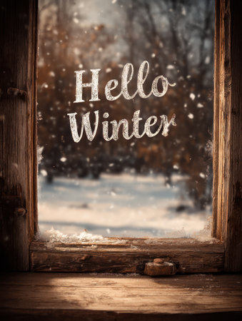 A rustic wooden window frame with the words "Hello Winter" frosted on the glass.の素材