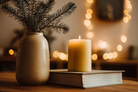 Cozy, minimalist Christmas composition eith candle, book and fir branches in vaseの素材