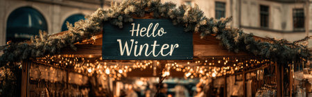 Festive market banner. Hello Winter sign hanging above a traditional Christmas market stall. Twinkling lightsの素材