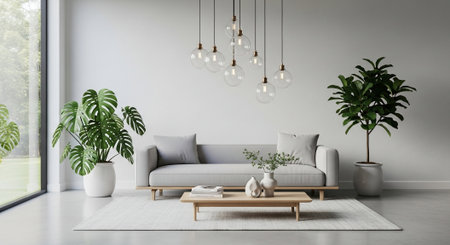 Modern living room with white sofa 3d rendering image.There are plants in pots and lamp.の素材