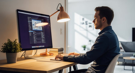 Side view of young man working on computer while sitting at desk in officeの素材