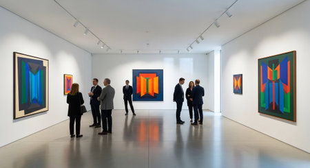 Interior of modern art gallery, visitors looking at paintings and picturesの素材