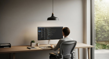 Programmer working on a computer in a modern office. 3d renderingの素材