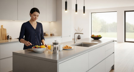 Young woman preparing healthy food in modern kitchen at home, side viewの素材