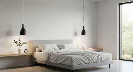 Modern bedroom interior design with white walls, concrete floor, comfortable king size bed and lamp. 3d renderの素材