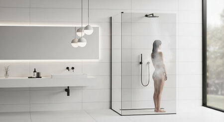 Side view of young woman standing in modern bathroom with white walls, tiled floor, white bathtub and shower stall. 3d renderingの素材