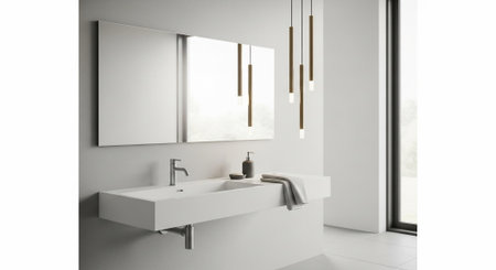 Interior of modern bathroom with white walls, tiled floor, comfortable white bathtub and double sink. 3d renderingの素材