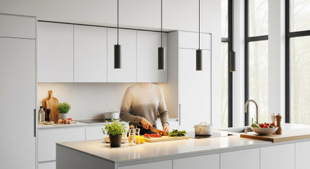 3d Illustration of white modern kitchen in a house with a beautiful designの素材