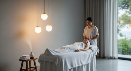 Beautiful young woman having a massage in a spa salon. Body care concept.の素材