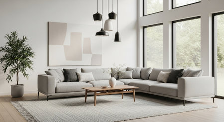 interior modern bright room with grey sofa 3D rendering illustration computer generated imageの素材