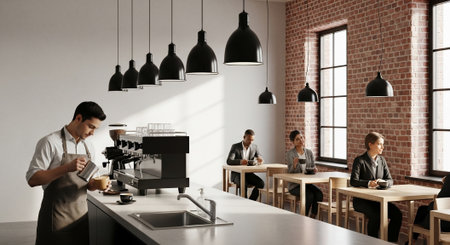 Young barista preparing coffee in cafe. Professional coffee maker in coffee shopの素材