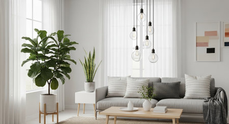 Modern living room interior with sofa and plants 3d rendering image.の素材