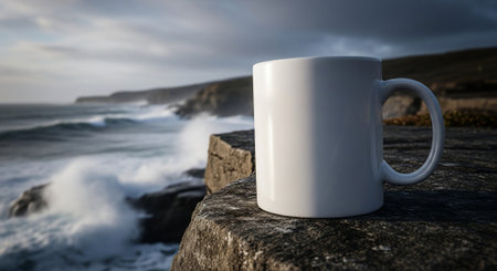 Coffee Mug on the Rocks with Stormy Atlantic Ocean in Backgroundの素材