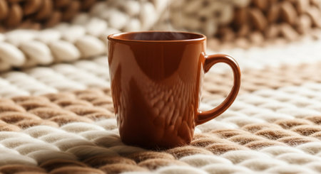 Cup of hot drink on knitted plaid, closeupの素材