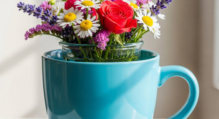 A bouquet of wildflowers in a blue vase on the windowsillの素材