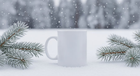 White mug on the background of the winter forest and spruce branches.の素材