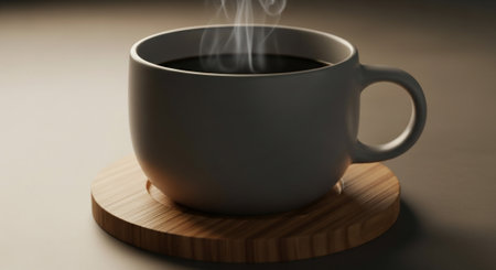 Cup of hot coffee on a wooden stand on a brown backgroundの素材