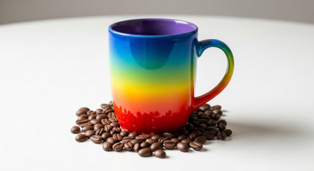 Coffee cup and coffee beans on a white background with copy spaceの素材