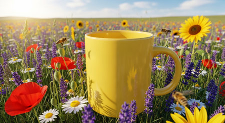 Yellow cup of tea in the meadow with wildflowers.の素材