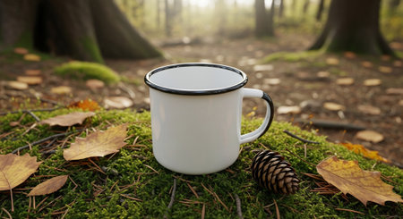 Mug of hot drink on green moss in the forest at autumnの素材