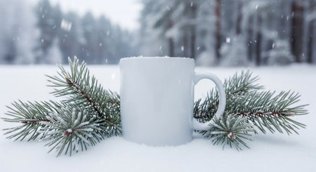 Cup of coffee and spruce branch in the snow. Winter backgroundの素材