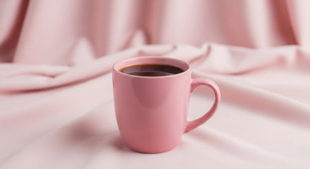 Cup of coffee on a pink satin background, soft focusの素材