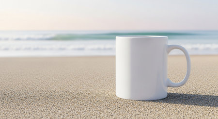 Coffee cup on the beach with sea background. 3d rendering.の素材
