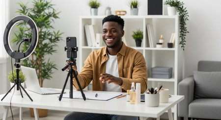 Cheerful african american male vlogger recording video for blog at homeの素材