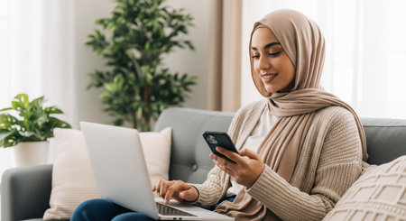 happy muslim woman in hijab using smartphone and laptop while sitting on sofa at homeの素材