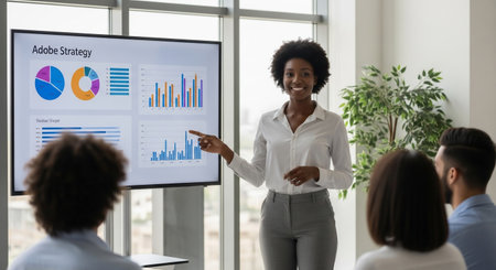 African american businesswoman presenting financial data on whiteboard in officeの素材