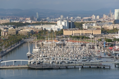 Port of Barcelona from above  Boats, the bridge and mall の写真素材